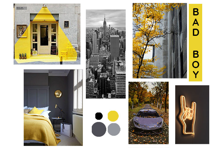 moodboard grigio e giallo camera